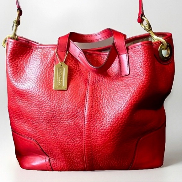 COACH Hadley Luxe Red Tumbled Leather Oversized Shoulder Bag Carry On Tote - Picture 3 of 17